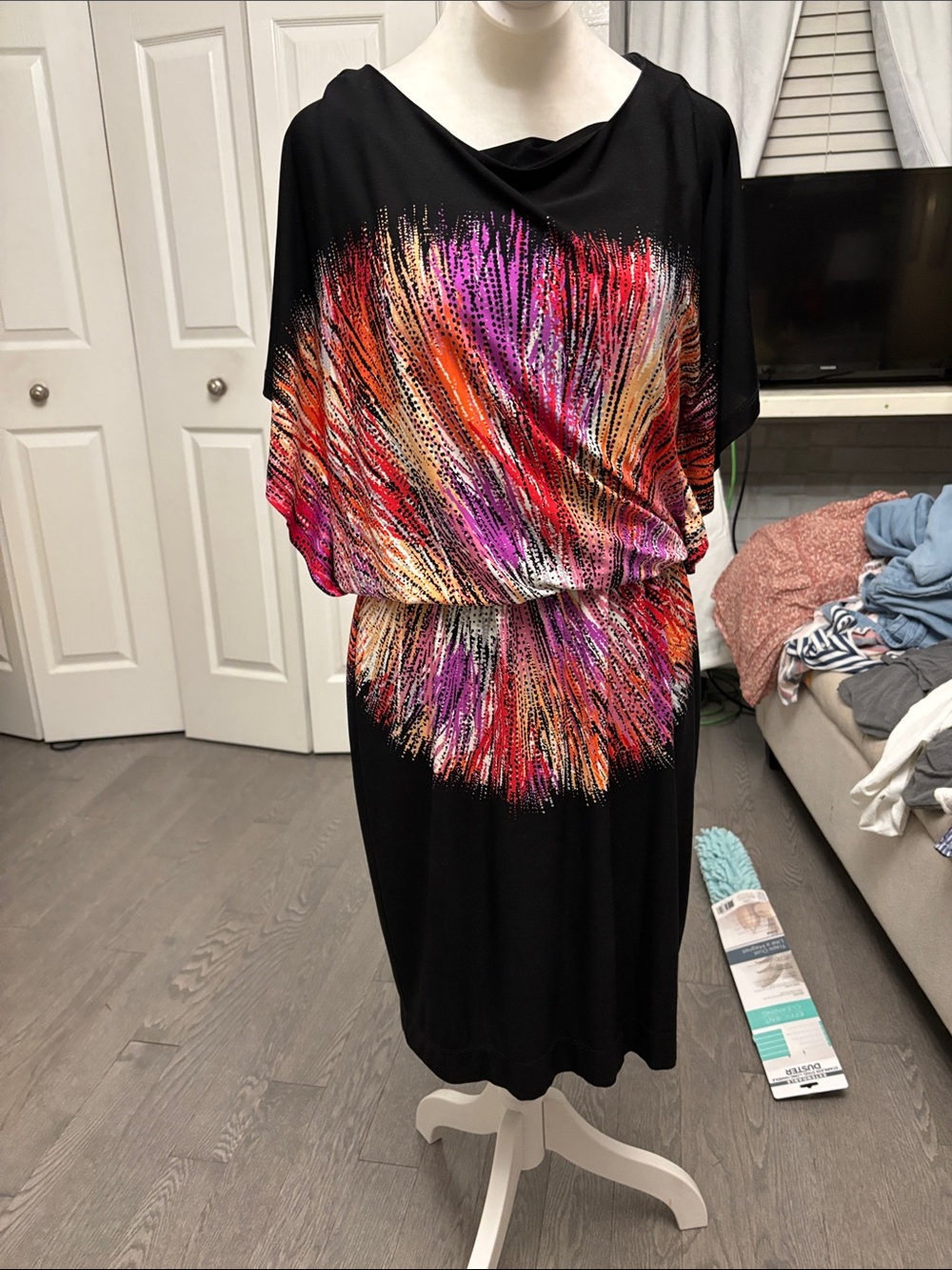 Maggy London Black Midi Dress with Multicolor Burst Print